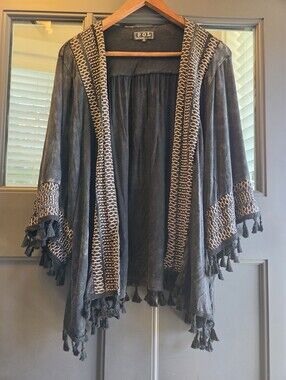 70's Style POL Black & Bronze Boho Tassel Open Kimono Cardigan